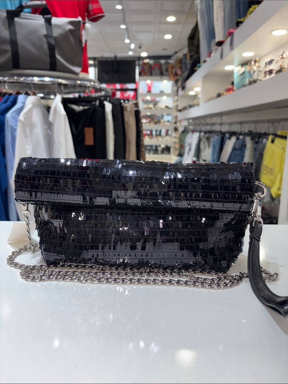 Sparkling Black Sequin Clutch with Silver Chain Strap